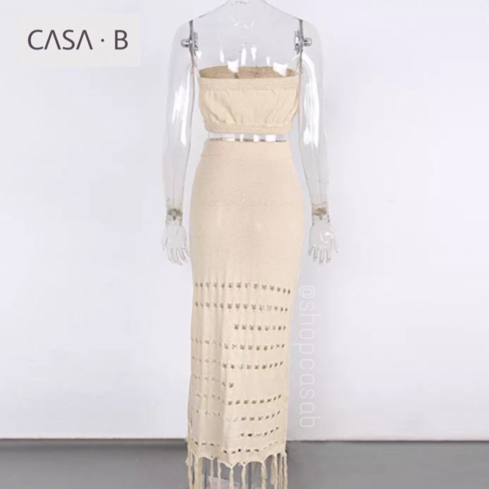 NEW 💫CASA B | ST. LUCIA Midi Knit Fringe Skirt Set in Sand - Picture 7 of 11